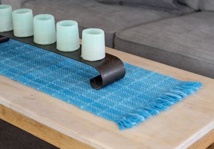 Medium Handwoven table runner or table protector in mottled Teals with contrast check highlights